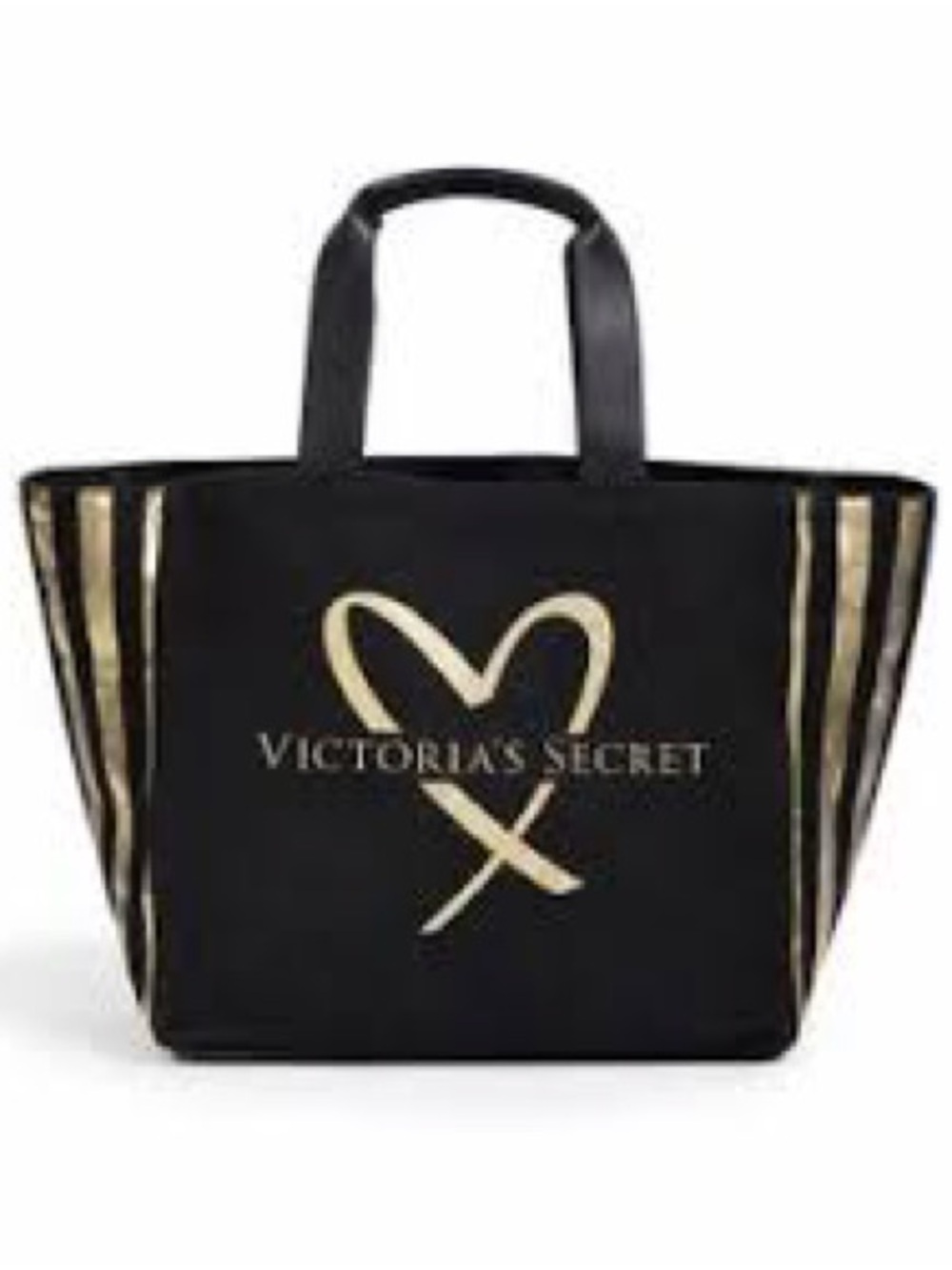 Victoria’s Secret Black & Gold Stripe Heart Logo Canvas Tote Bag